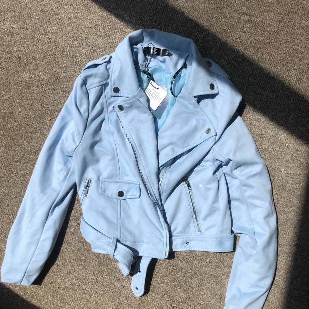 Powder blue faux suede blazer